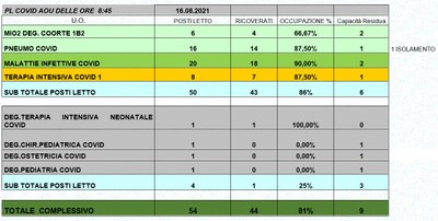 Situazione posti letto reparti Covid 16 Agosto 2021 - ore 8.45.jpg