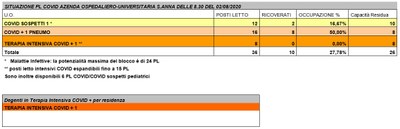 Situazione posti letto reparti Covid - 2 agosto 2020 - ore 8.30
