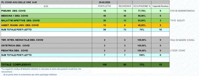 Situazione posti letto reparti Covid 20 Febbraio 2022 - ore 8.45.jpg
