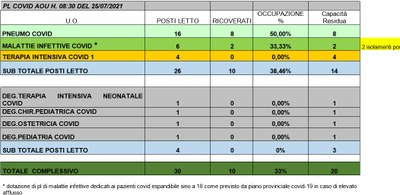 Situazione posti letto reparti Covid 25 luglio 2021 - ore 8.30.jpg