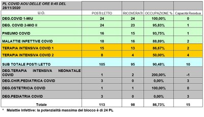 Situazione posti letto reparti Covid -28 novembre 2020 - ore 8.45.jpg