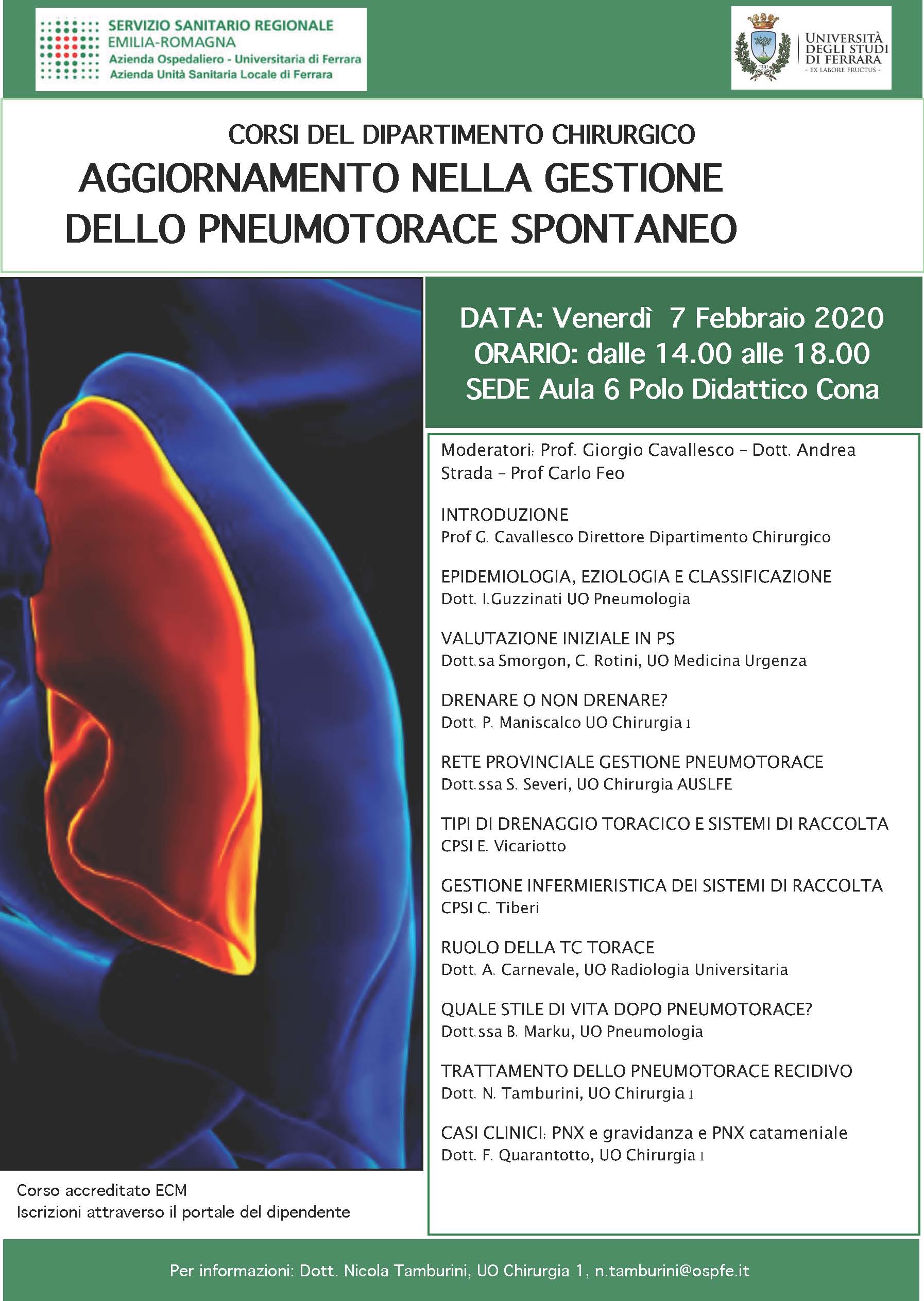 Corso - Aggiornamento nella gestione dello pneumotorace spontaneo