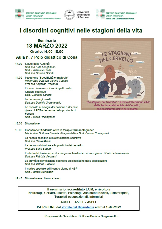 DAL 14 AL 20 MARZO SI CELEBRA LA SETTIMANA MONDIALE DEL CERVELLO. A CONA UN CONVEGNO PER PARLARE DI DISORDINI COGNITIVI
