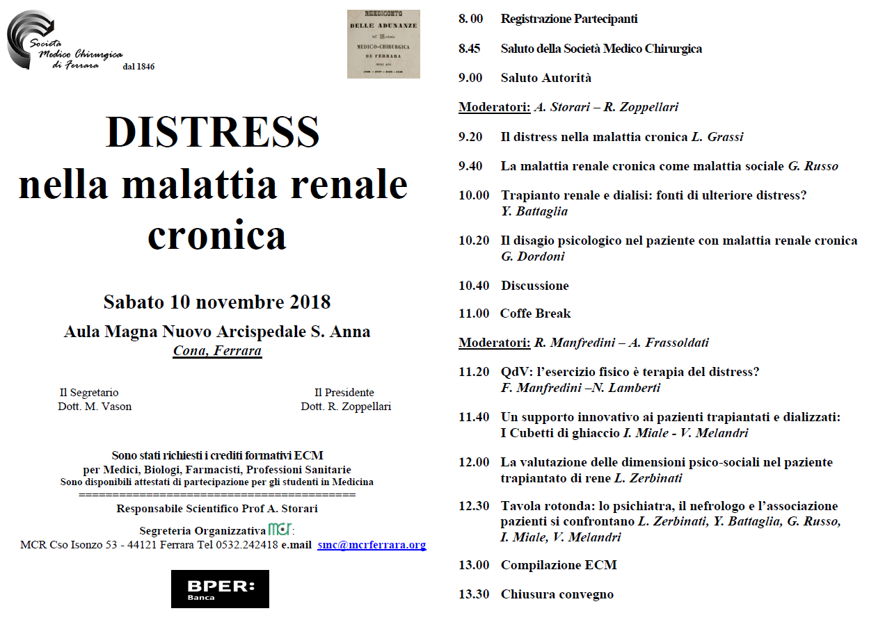 DISTRESS NELLA MALATTIA RENALE CRONICA. SE NE PARLA SABATO 10 NOVEMBRE A CONA