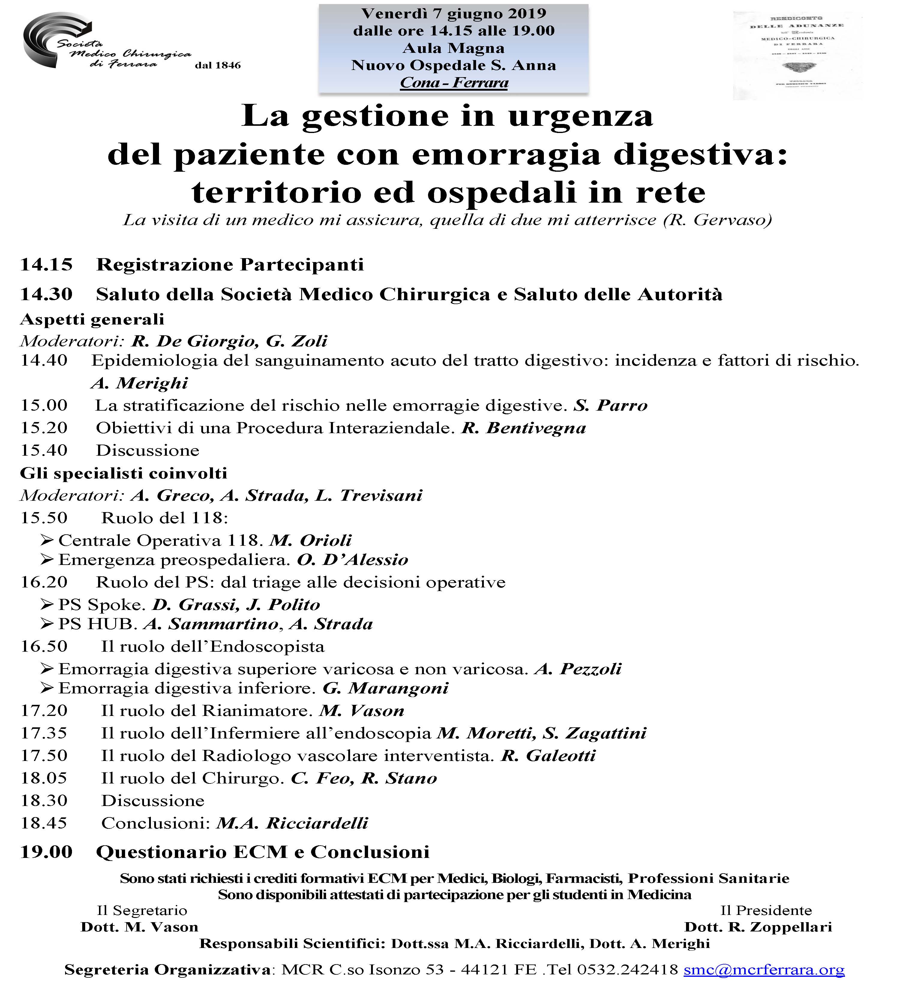 EMORRAGIA DIGESTIVA: TERRITORIO ED OSPEDALI IN RETE. UN CONVEGNO DELLA SOCIETÀ MEDICO CHIRURGICA