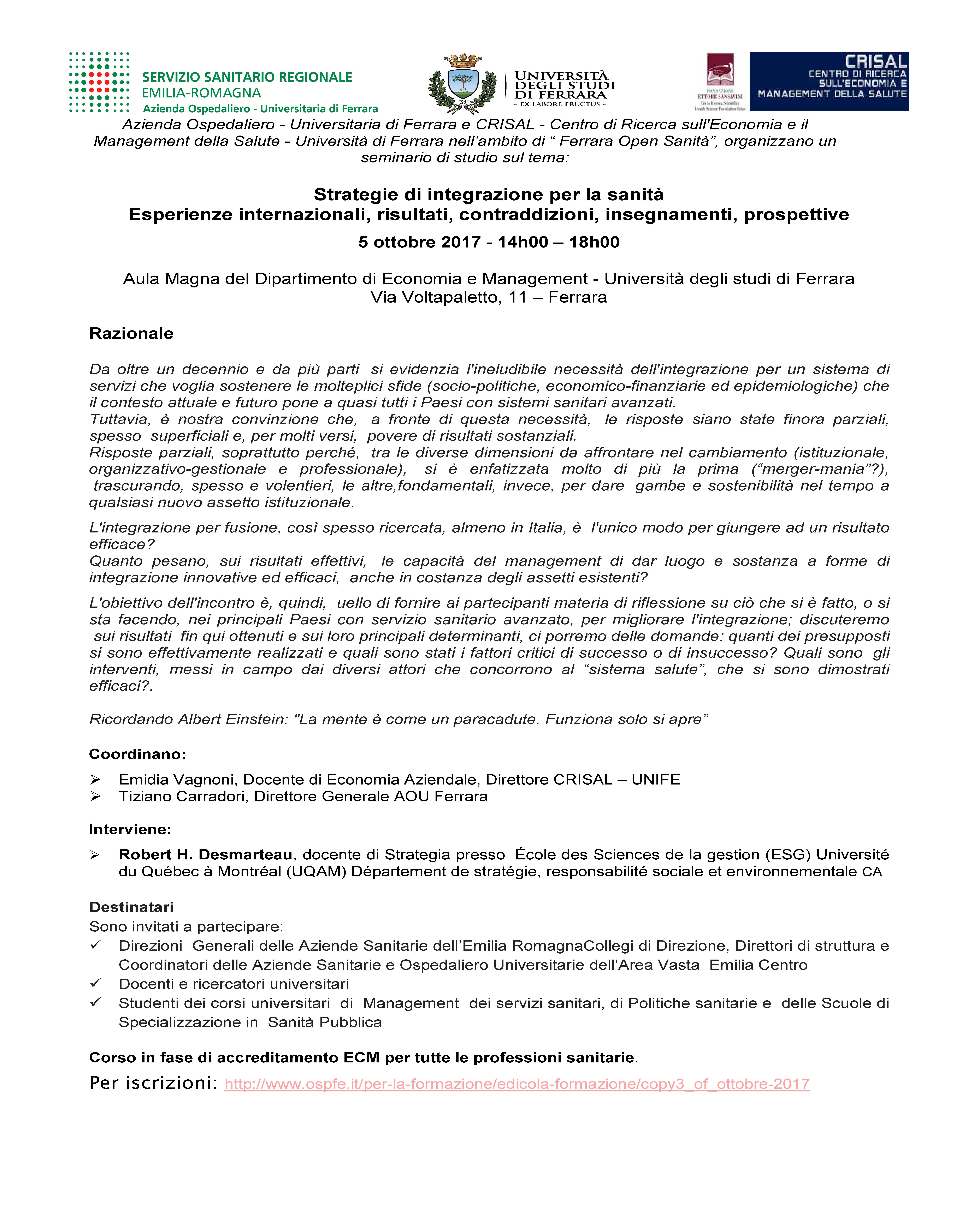 IL 5 OTTOBRE IL SEMINARIO DI STUDIO SULLE STRATEGIE DI INTEGRAZIONE PER LA SANITA’