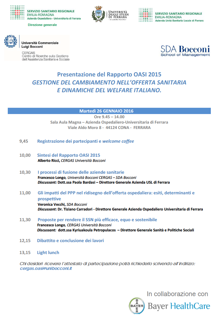 RAPPORTO OASI 2015 GESTIONE DEL CAMBIAMENTO NELL’OFFERTA SANITARIA E DINAMICHE DEL WELFARE ITALIANO