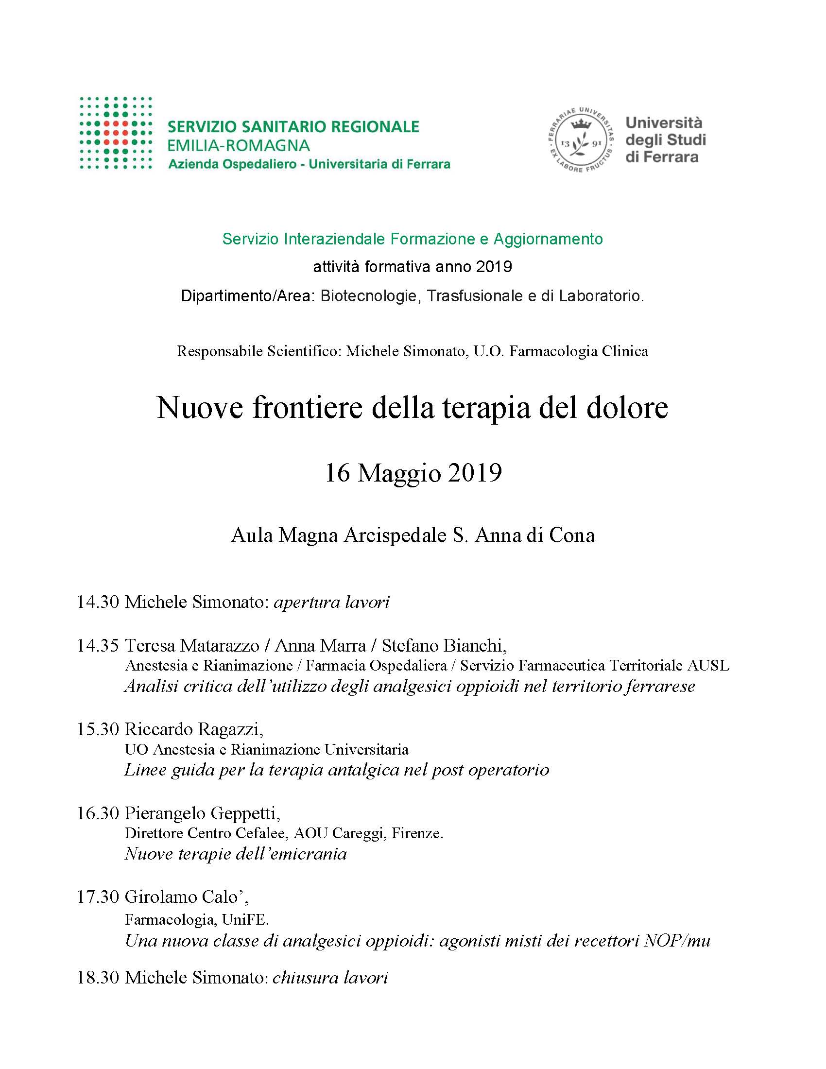 NUOVE FRONTIERE DELLA TERAPIA DEL DOLORE: SE NE PARLA IL 16 MAGGIO IN UN CONVEGNO A CONA