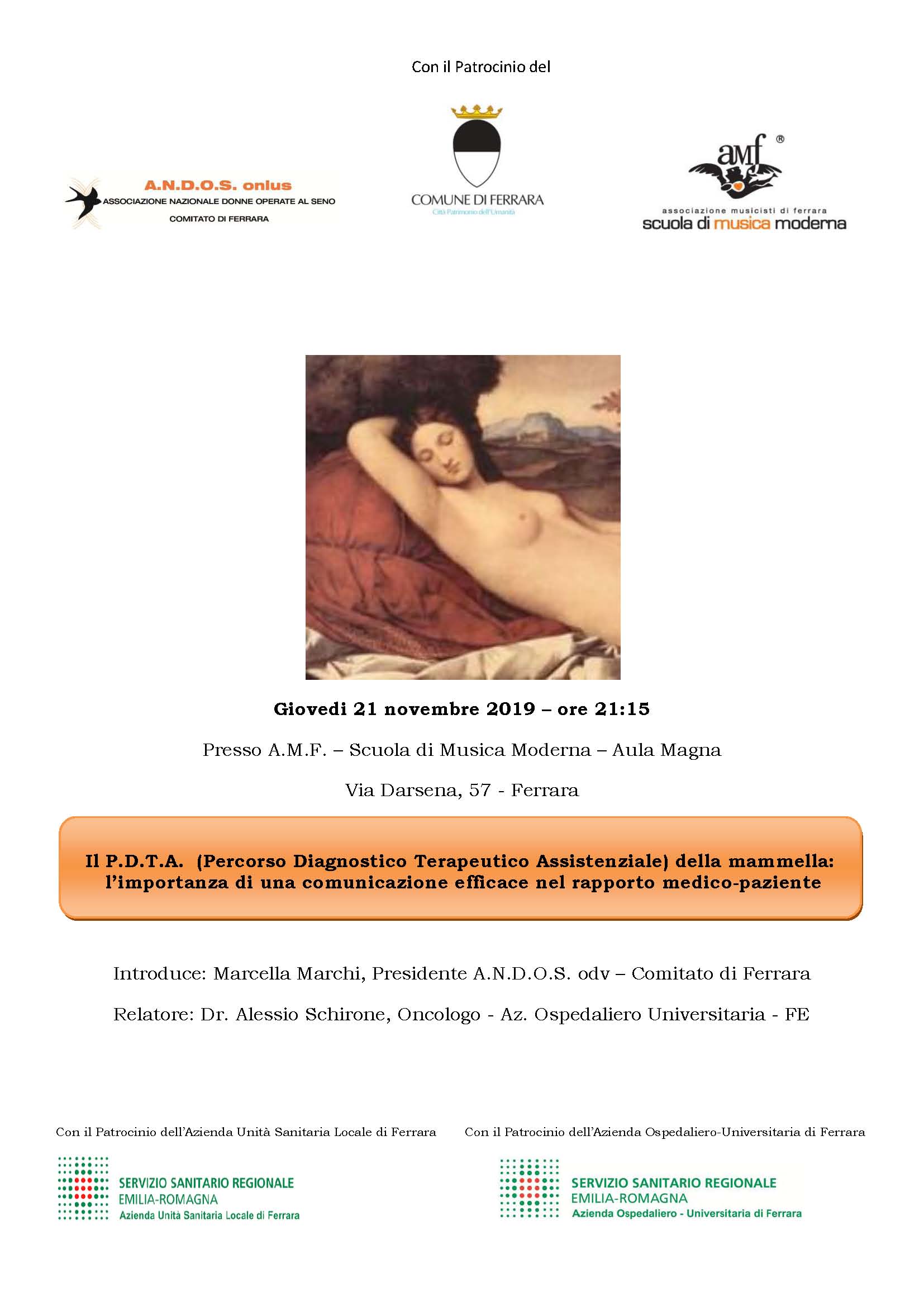 20 novembre 2019 - PERCORSO TUMORE ALLA MAMMELLA: SE NE PARLA ASSIEME AD ANDOS