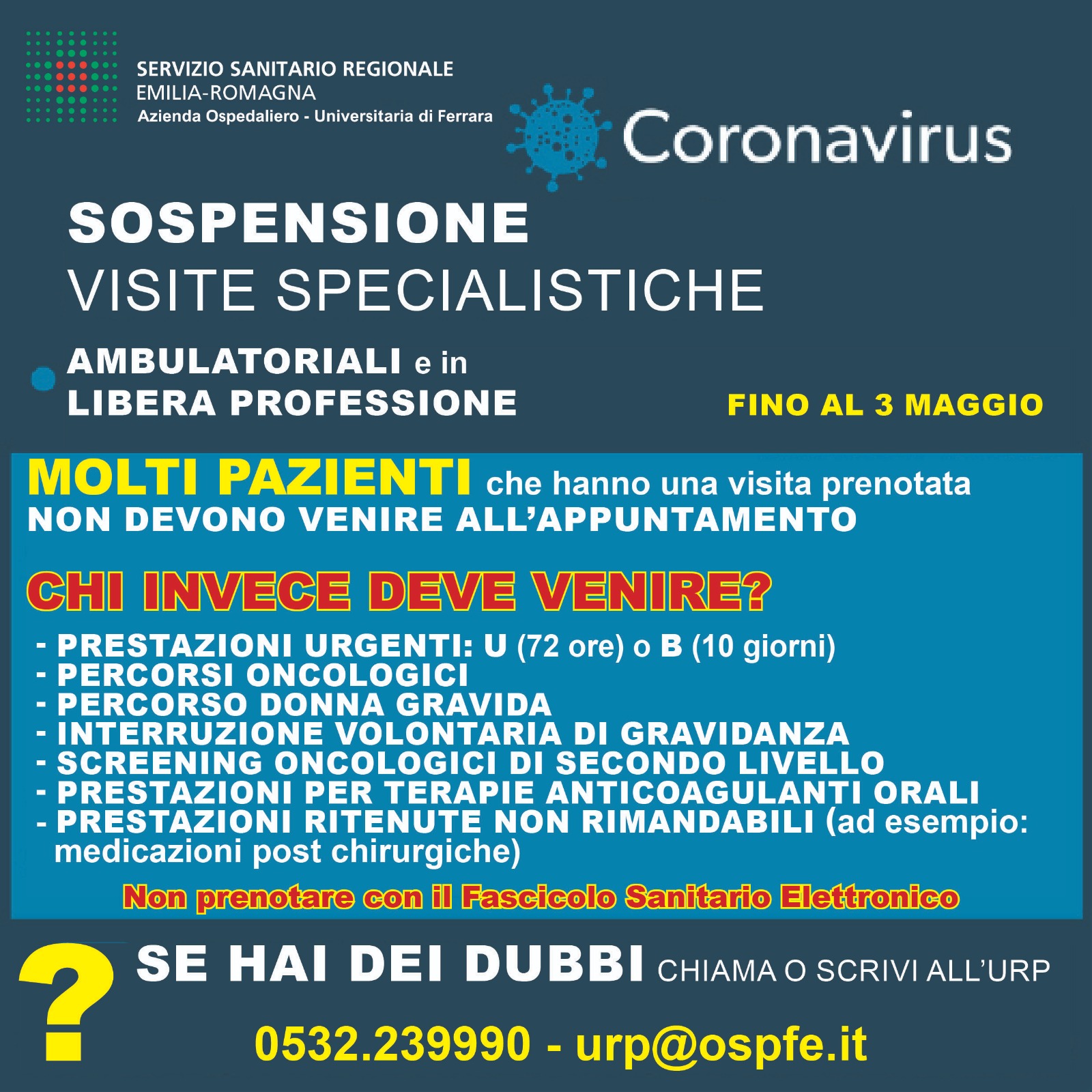 PROROGATA LA SOSPENSIONE PARZIALE DI VISITE SPECIALISTICHE AMBULATORIALI E IN LIBERA PROFESSIONE FINO AL 3 MAGGIO