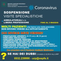 PROROGATA LA SOSPENSIONE PARZIALE DI VISITE SPECIALISTICHE AMBULATORIALI E IN LIBERA PROFESSIONE FINO AL 3 MAGGIO