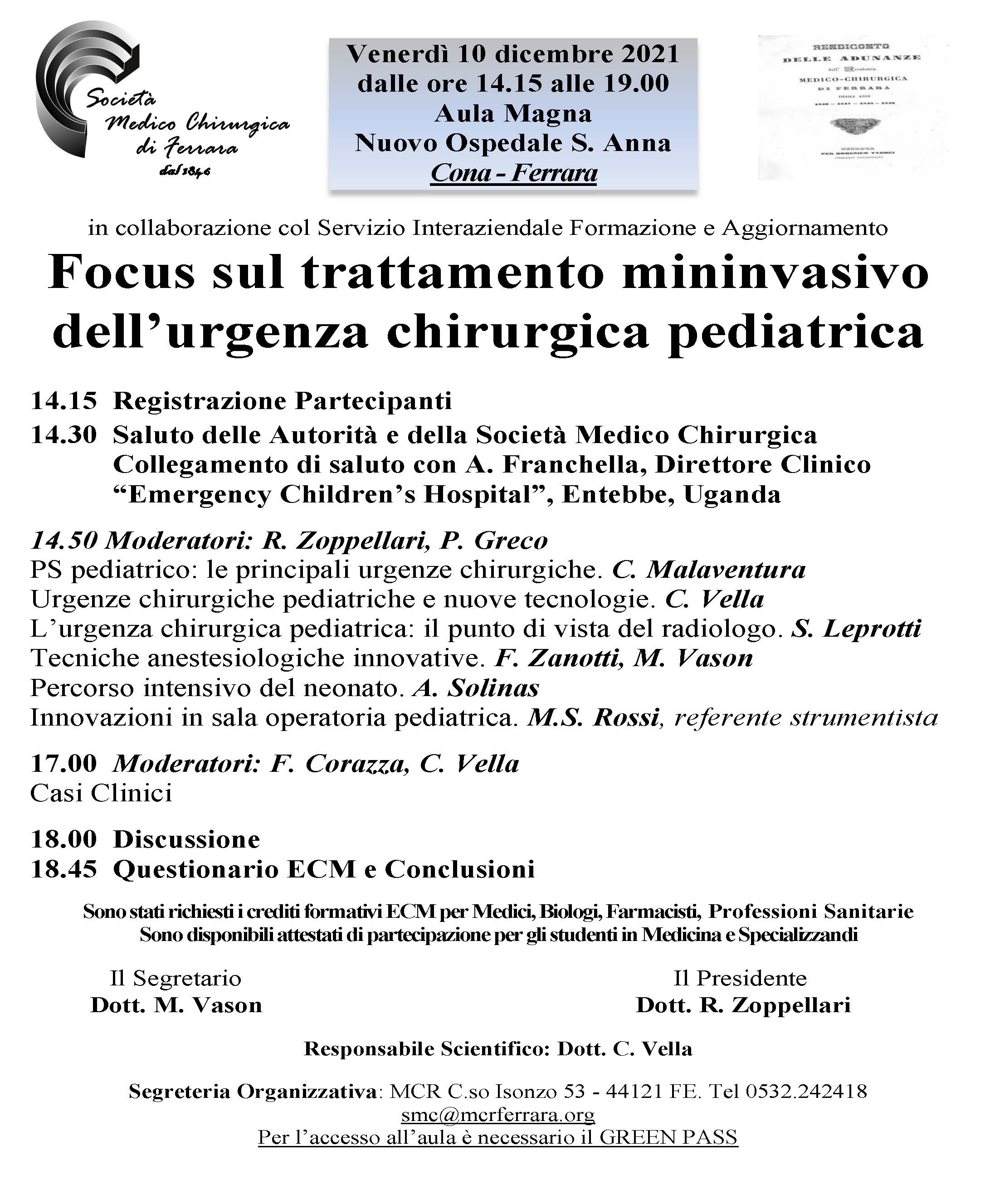 URGENZA IN CHIRURGIA PEDIATRICA: A CONA UN CONVEGNO DELLA SOCIETÀ MEDICO CHIRURGICA DI FERRARA