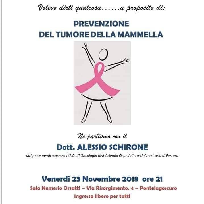 VENERDI’ 23 NOVEMBRE, A PONTELAGOSCURO, UN INCONTRO PER PARLARE DI PREVENZIONE DEL TUMORE MAMMARIO 